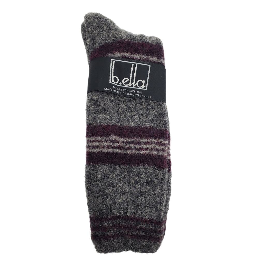 Extra Fine Merino Wool Crew Socks Mens Soft Grey Plum Stripe NWT B.ella‎ L 10-13